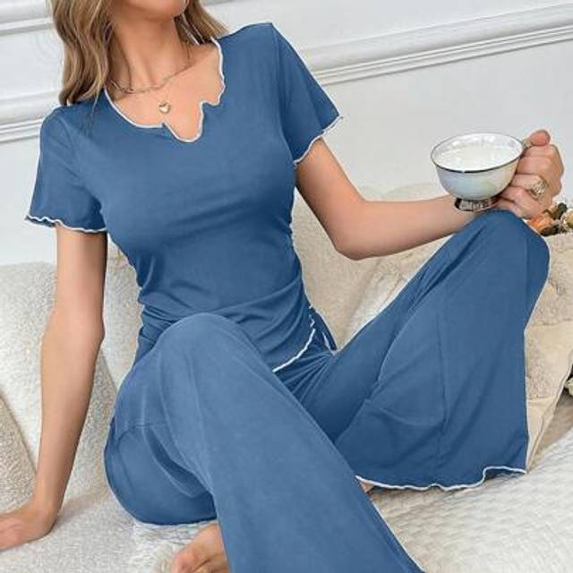 SHEIN V-Neck Short Sleeve Top And Drawstring Waist Pants Suit