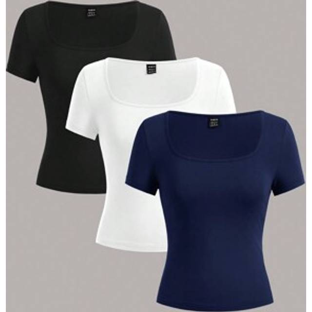 SHEIN 3pcs Square Neck Short Sleeve Cropped Casual Solid Color Versatile Fitted Women T-Shirt, All-Match Style, Suitable For Summer Suitable For Going Out