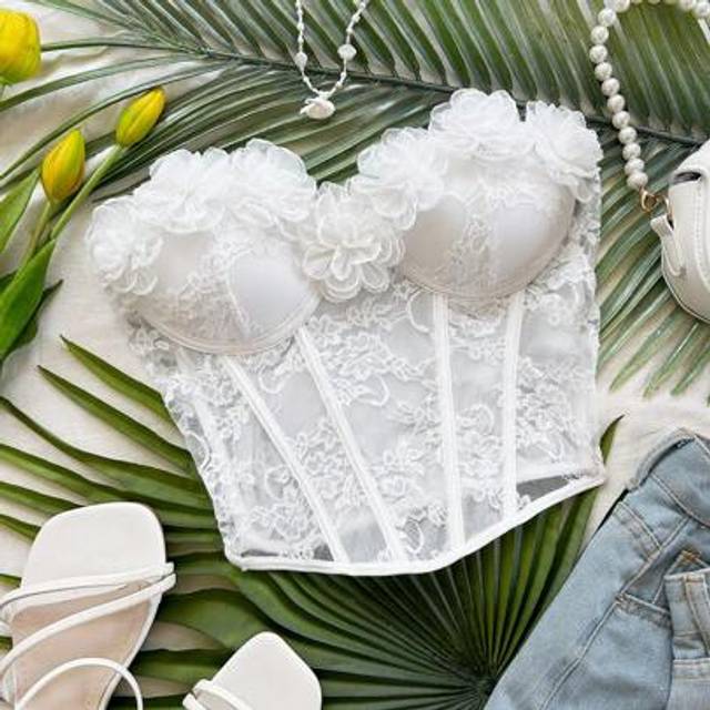 Soleia Women&#39;s Beach, Festival Summer Outfit, Romantic Wedding Dress, Strapless Floral Lace Bustier Top