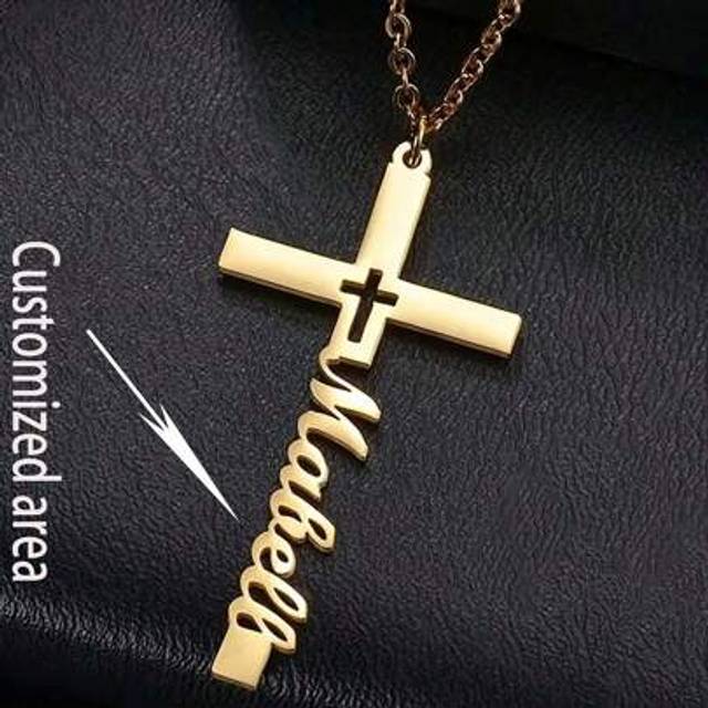 SHEIN Personalized Name Necklace With Cross Pendant - 18K Gold Plated Stainless Steel, Girl&#39;s Birthday Gift, Multi-Functional Daily Wear Jewelry