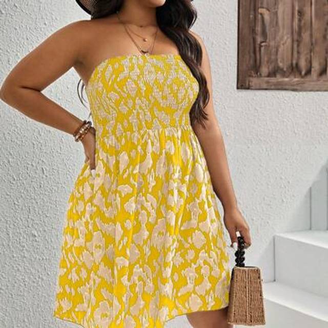 SHEIN Plus Size Yellow Boho Dress: Strapless Shirred Woven Mini Dress With Abstract Print, Flared Hem, And Sleeveless Design For Summer