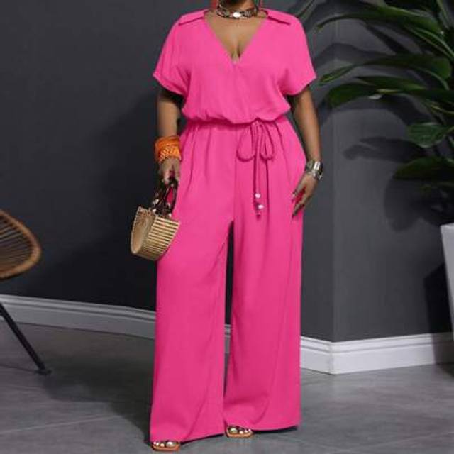 Slaydiva Plus Size Women Casual Vacation Green Rolled-Cuff Crossover Collar Shirt And Wide-Leg Pants Set With Woven Belt, Spring/Summer