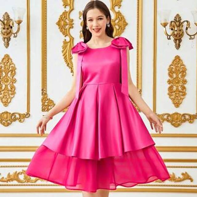 SHEIN Teenage Girls&#39; Sleeveless Pleated Double Layer Big Bow Decor Chiffon Solid Color Bridesmaid Dress, Mauve