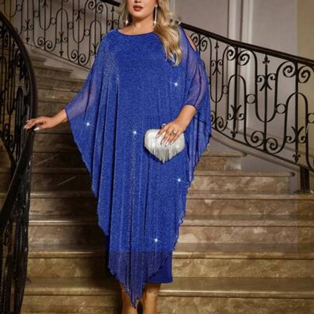 SHEIN Plus Size Elegant Chiffon Dress Long Cape Overlay Wedding Guest Formal Cocktail Mother Of Bride Outfit