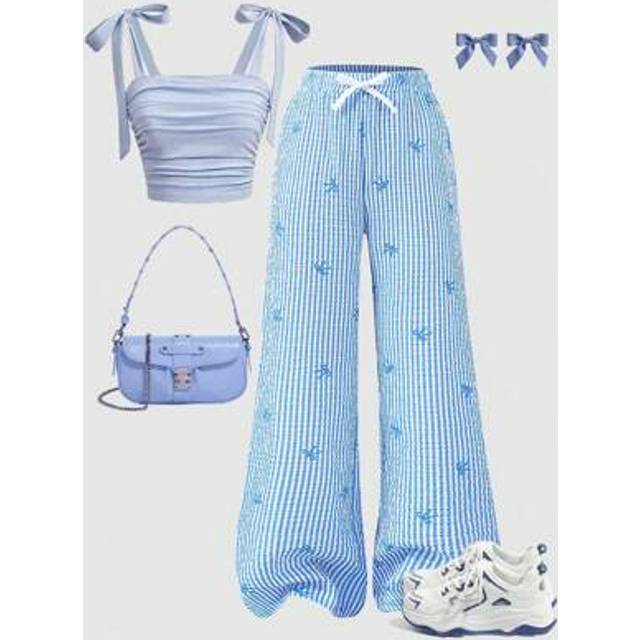 SHEIN Pre-Teen Girls&#39; Pink Striped Bow Print Bubble Textured Waistband Loose Pants With White Color Blocking Straps