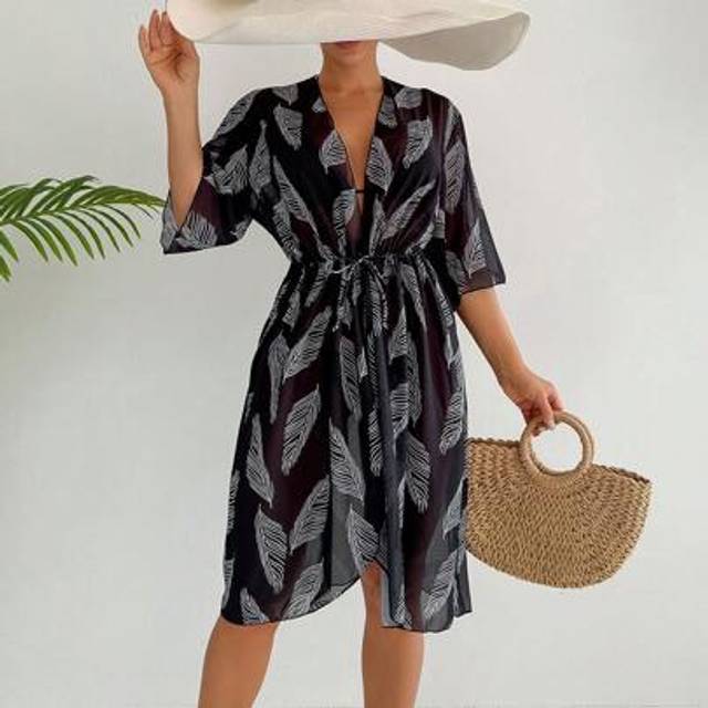 SHEIN Women&#39;s Tropical Plant Print Belted Beach Cover Up For Summer