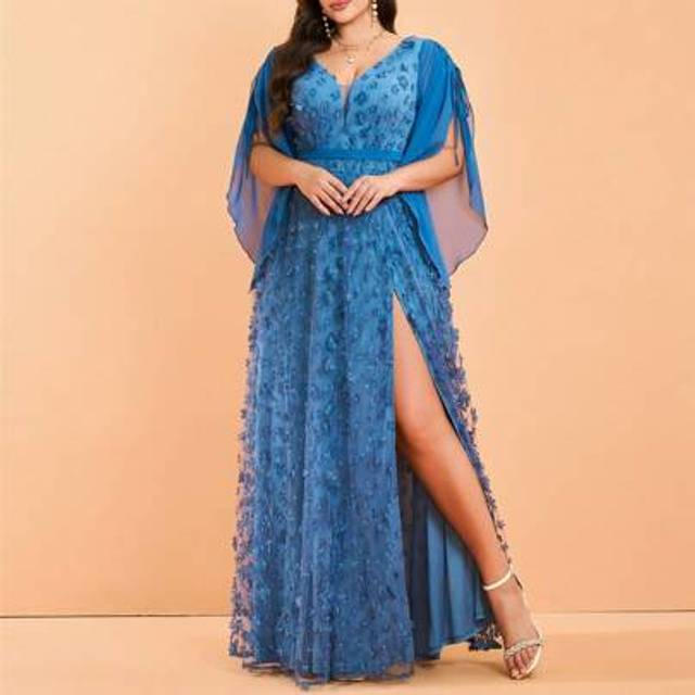 SHEIN Plus Size Mgiacy V-Neck Three-Dimensional Embroidered Lace Pearl Chiffon Strappy Sleeve High-End Graduation Dress, Party Dress, Prom Dress