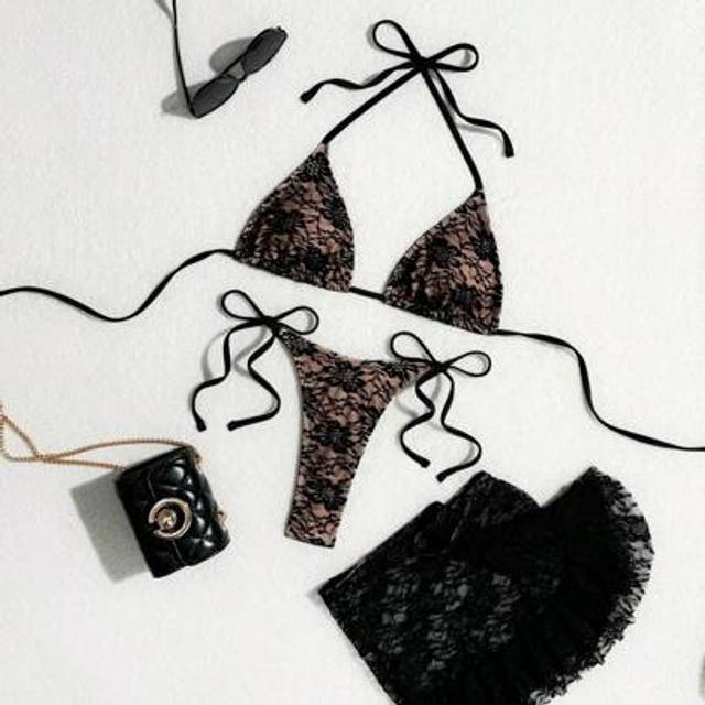 Swim Vcay Summer 3pcs Black Sexy Lace Flounce Mini Skirt, Triangle Cup Bra & G-String Bikini Set