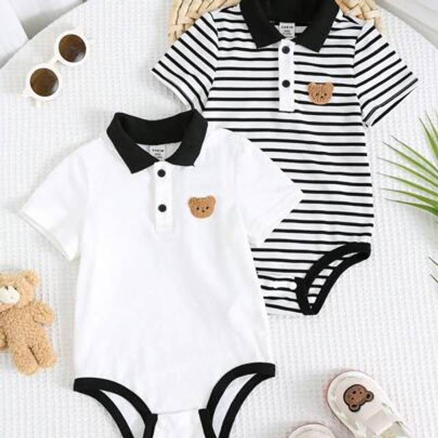 SHEIN 2pcs Set Newborn Baby Boys Cute Casual Striped Knit Short Sleeve Polo Romper Outfit, Suitable For Birthday Party, Ceremony, Wedding, Baby Shower