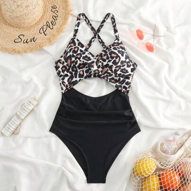 SHEIN Halter Tie Sexy Backless Summer Beach Swimsuit, Adjustable Strap Leopard Print Solid Color Splice Hollow Out Slimming One-Piece Swimsuit