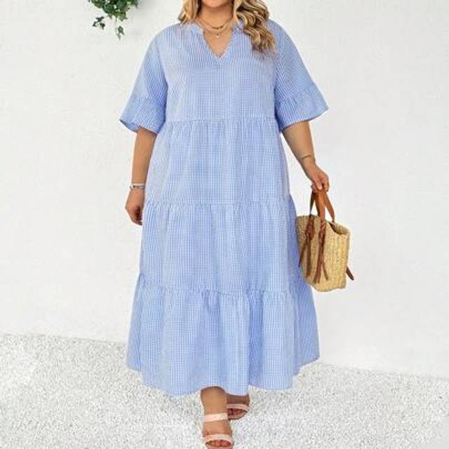 SHEIN Plus Size Women&#39;s Casual Plaid Loose Ruffled Hem Dress, Blue And White, Suitable For Summer Vacation,Curve Plus ,Hoho Vacation,Business Casual Woman,G