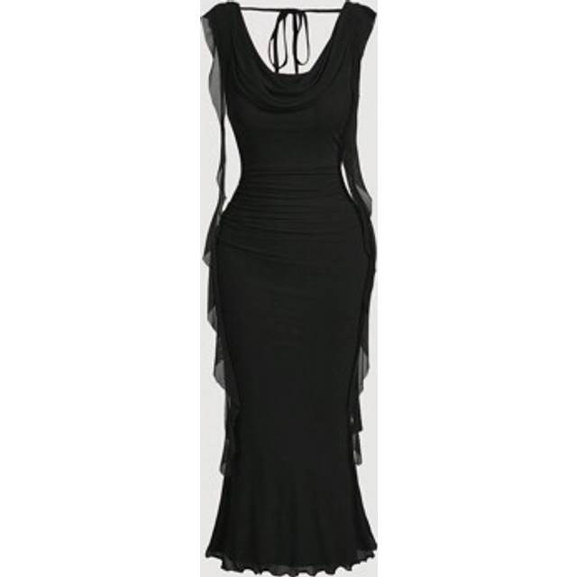 SHEIN Black Plunging Neck Flowy Tie Waist Cut Out Mid-Length Dress For Women