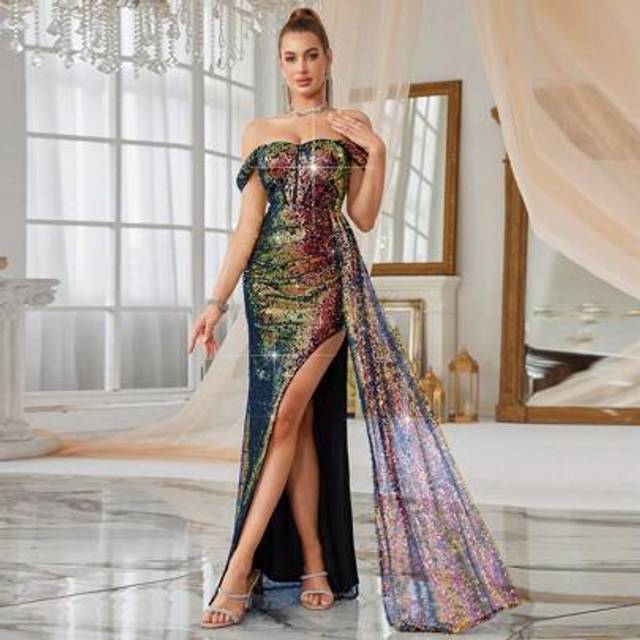 SHEIN Women&#39;s Blue Haute Sequin Off-Shoulder Sleeveless Cinched Waist High Slit Maxi Formal Dress,Elegant Prom Evening Dress, For Wedding Guest, Graduation,