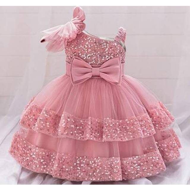 SHEIN Baby Girls&#39; Shoulder-Baring Glitter Bow Tulle Adorable Flower Girl Dress For 1st Birthday Party Or Performance, Excludes Headpiece