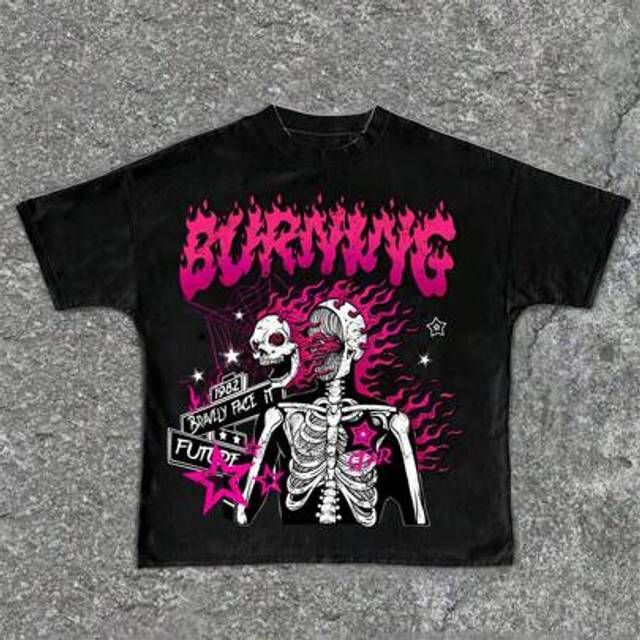 SHEIN BURNING, Skulls. Fashion. Punk. Hip-Hop. Tween Boys Casual Simple Round Neck Short Sleeve T-Shirt Suitable For Summer