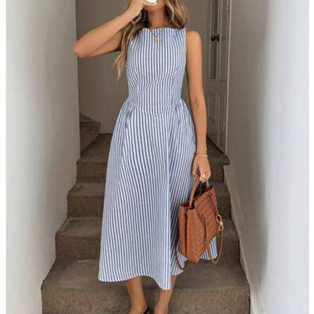 Easowa Crewneck Sleeveless Cinched Waist Ruched A-Line Midi Dress, Blue & White Striped, Casual Resort Elegant Outerwear For Women,Sun Dresses For Women Busi