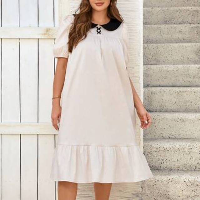 SHEIN Plus Size Women&#39;s Puff Sleeve Contrast Color Babydoll Dress, Summer
