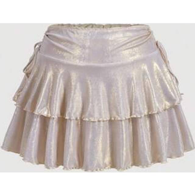 SHEIN Plus Size Women&#39;s Pearl Champagne Patent Leather Short Mini Skirt, Romantic Gathering,Party Skirt