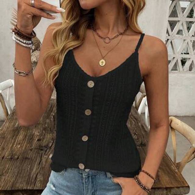 SHEIN Women&#39;s Fashion Hollow-Out Jacquard Textured Boho Style Button Strap Tank Top
