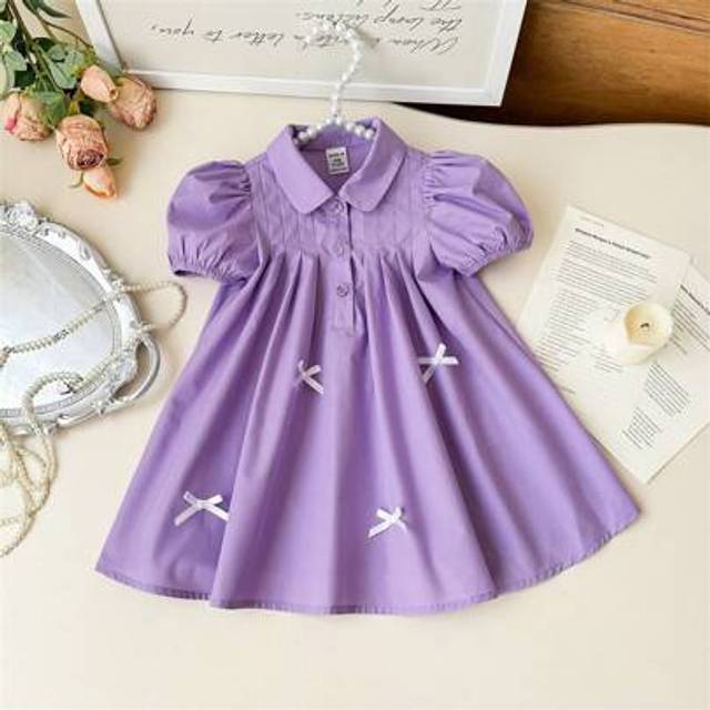 SHEIN Babygirl Cute Summer Purple Bow Lapel Short-Sleeved Dress
