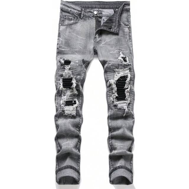 SHEIN Men&#39;s Plus Size Distressed Jeans Slim Fit Long Frayed Jean Cargo Plain Light Grey Disco Vintage