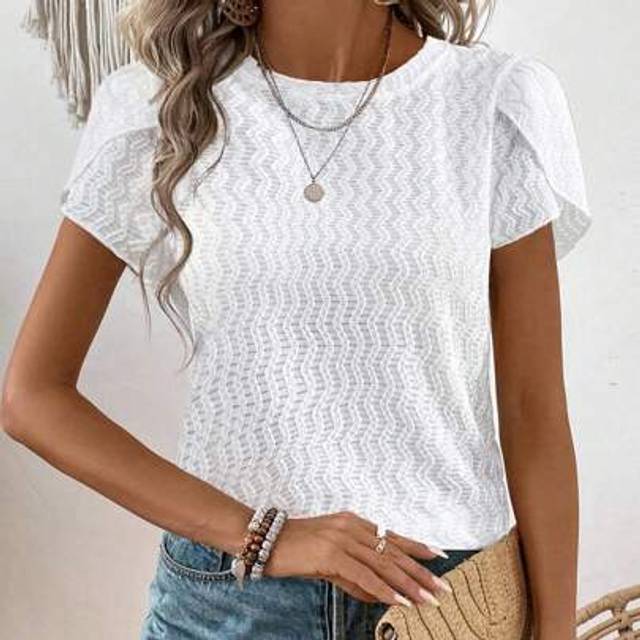 SHEIN Women&#39;s Summer T-Shirt, Round Neck Floral Ruffle Sleeve Design, Knitted Jacquard Fabric, Casual & Versatile Loose Fit