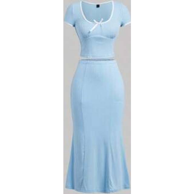 SHEIN White And Blue Edge Bow Flower Jacquard Short-Sleeved Long Skirt Two Pieces Set,Elegant Style,Beach Set, Brunch Set,Wedding/Bridal Shower Set