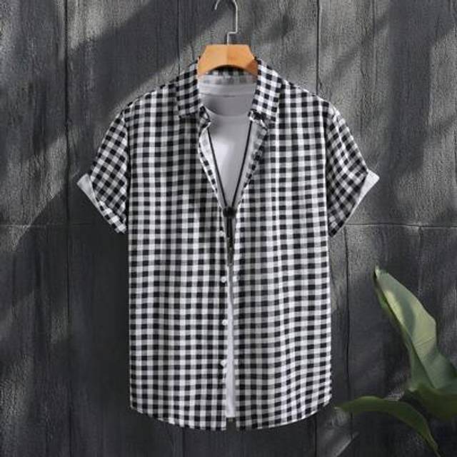 SHEIN Men&#39;s Business Casual Checkered Short Sleeve Shirt, Black And White, Summer