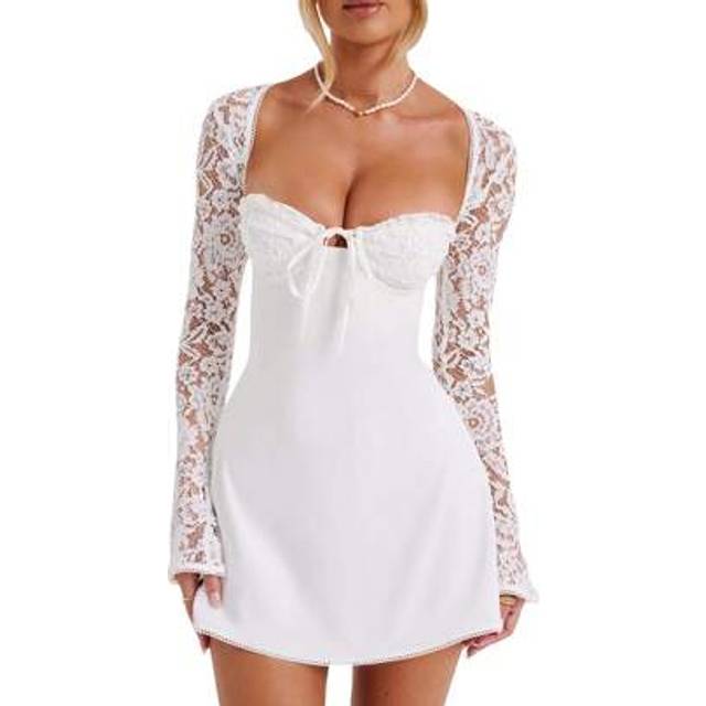 SHEIN Women Mini Dress, Long Sleeve Backless Low-Cut Tie-Up Lace Patchwork Cocktail Dress A-Line Dress
