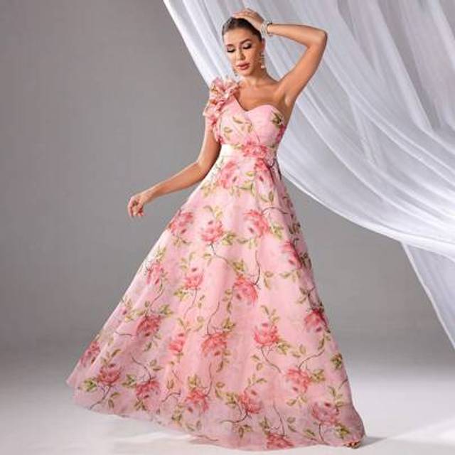 SHEIN Elegant Women&#39;s Floral Print One Shoulder Super Long Bridesmaid Dress