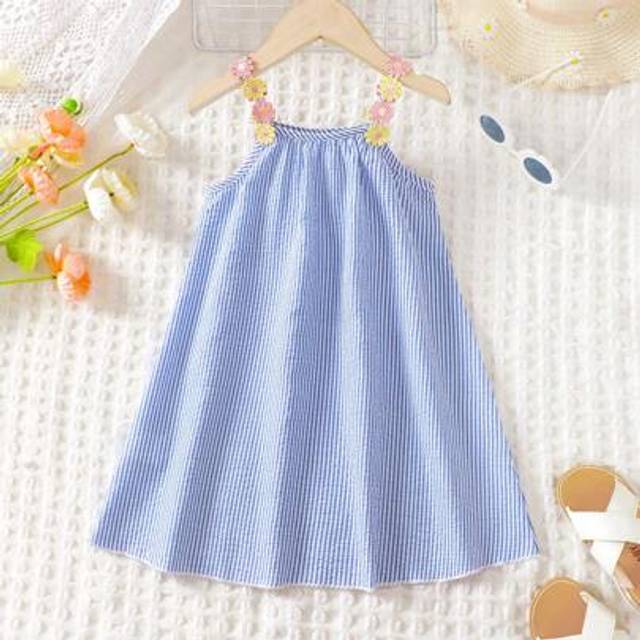 SHEIN Boho Floral Straps Girl&#39;s Tent Dress, Casual Cute Sleeveless A-Line Stripe Dress For Holiday Beach Summer