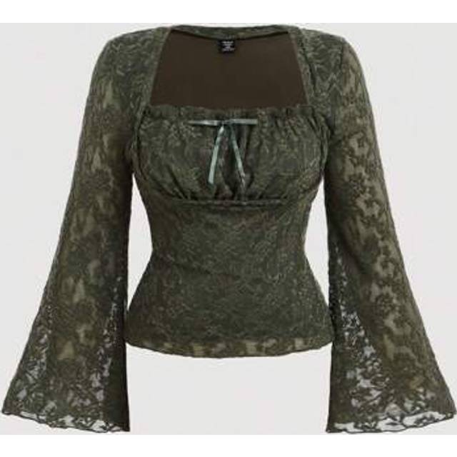 SHEIN Olive Green Pleated Square Neck Plus Size Women Long Flared Sleeve T-Shirt