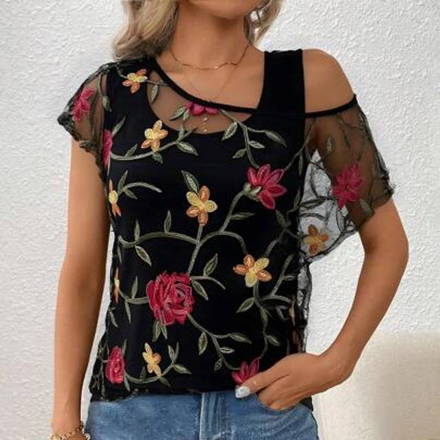 SHEIN 2-In-1 Women Loose Casual Elegant Commuting Date Romantic Mesh Embroidered T-Shirt