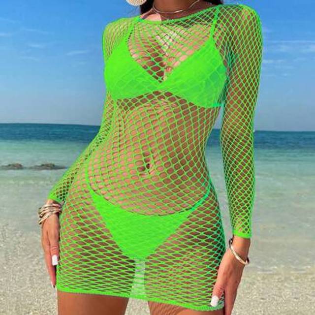 SHEIN Women&#39;s Neon Green Shark Print Fishnet Hollow Out Long Sleeve Vacation Dress Summer