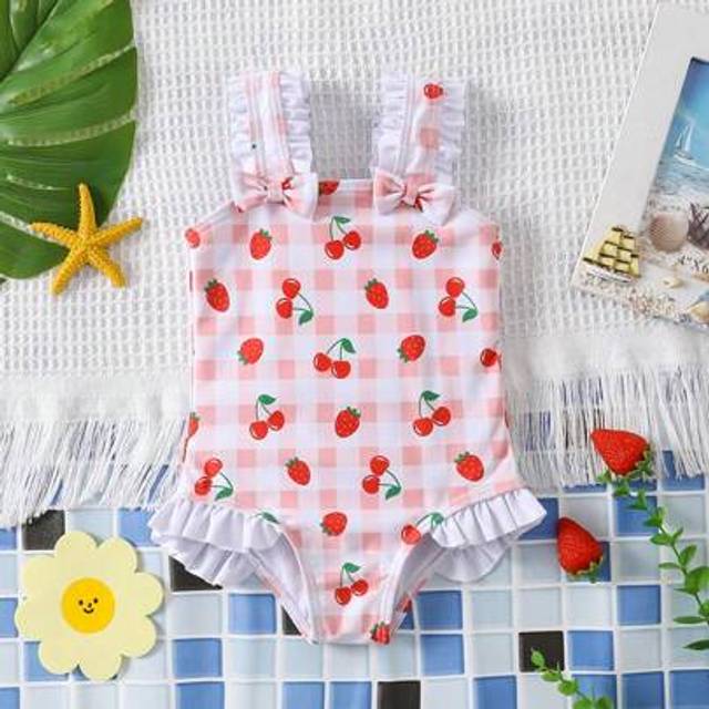 SHEIN Baby Girl One-Piece Swimsuit, Adorable Plaid Cherry & Strawberry Print Ruffle Trim Cherry Clothes For Baby Girl Baby Girl Clothes Strawberry Strawberr