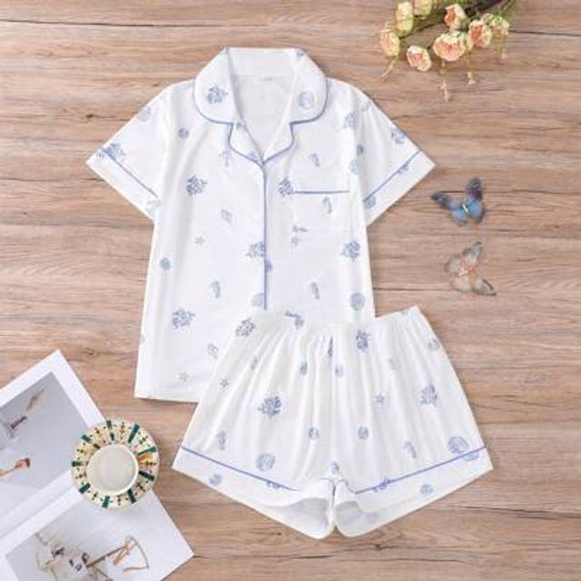 SHEIN 2pcs Set Cute Seahorse & Shell Printed Women Pajamas Set, Short Sleeve Lapel Top And Elastic Waist Shorts, Women Casual Sleepwear Loungewear For All S