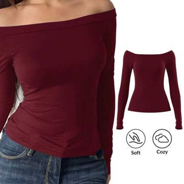 SHEIN Women&#39;s Casual Solid Color Off Shoulder Long Sleeve Fitted Blouse Top