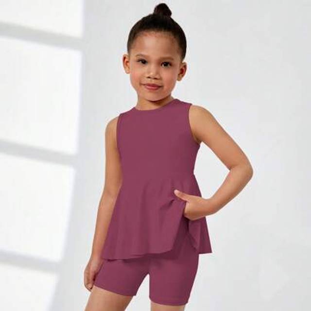 SHEIN 2pcs/Set Girls Sweet & Cute Solid Color Short Sleeve Dress And Leggings Set, Casual For Daily, Holidays And Vacation, Summer