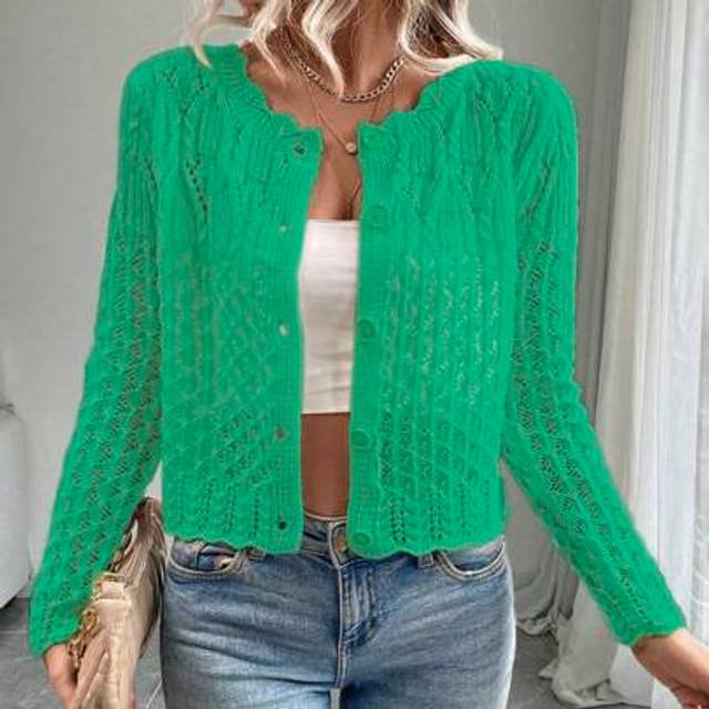 SHEIN Women Hollow Front Button Cardigan, Round Neck Knitted Sweater Jacket For Autumn/Winter