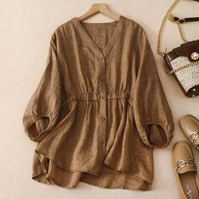 SHEIN New Loose Versatile Slimming V Neck Button Linen Blend Blouse For Plus Size