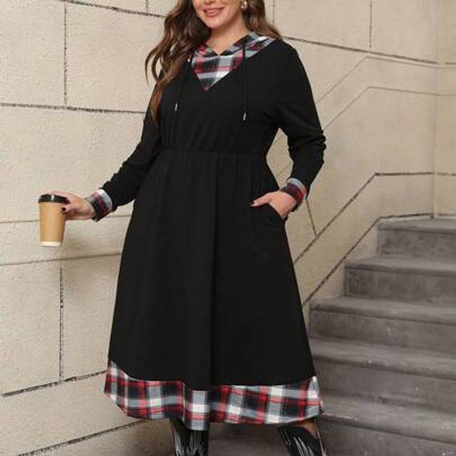 SHEIN Plus Size Women Hoodies Plaid Check V Neck Maxi Dress Ladies Elastic Waist Hooded Pockets Color Block Christmas Xmas Party Casual Loose Long Dresses