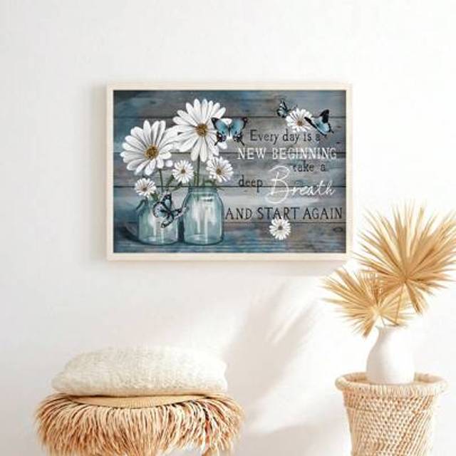 SHEIN 1PC Daisy Flowers Picture For Bathroom Decor Blue Country Butterfly Floral Canvas Painting Quote Inspirational Wall Art Still Life Farmhouse Home Bedr
