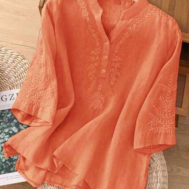 SHEIN Women&#39;s Solid Color Asymmetrical Embroidery Casual Loose Linen Blouse For Spring And Summer