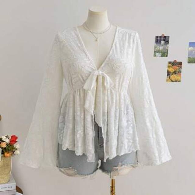 Soleia Plus Size Women&#39;s Vacation Spring White Stretch Jacquard Deep V-Neck Front Tie Flare Long Sleeve Floral Blouse
