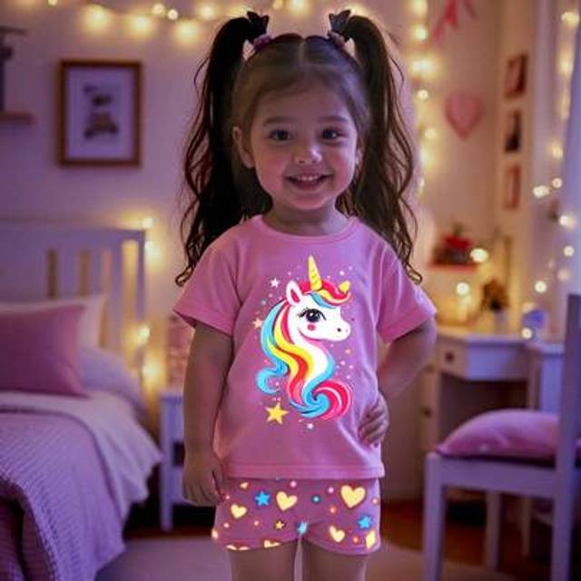 SHEIN Baby Girl Summer Pajamas Set - Glow In The Dark Cute Unicorn Print, Short Sleeve Top & Printed Long Pants, Pink, Casual Comfortable Tight Fit Loungewe