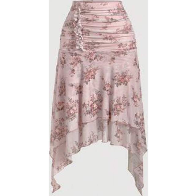 SHEIN Women&#39;s Boho Floral Print Mesh Ruched Asymmetrical Knee Length Skirt: Pink, Flowy And
