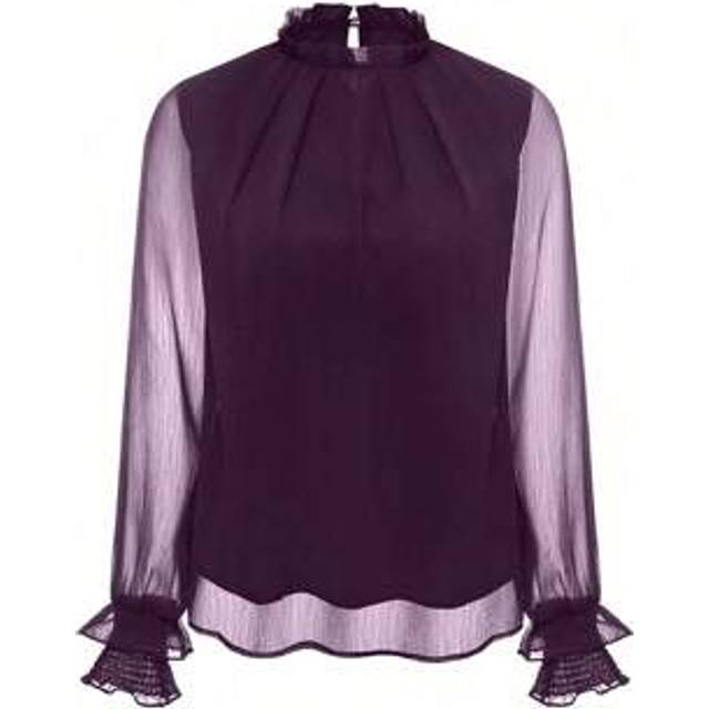 SHEIN Women&#39;s Solid Color Stand Collar Ruffle Trim Mesh Long Sleeve Elegant Blouse