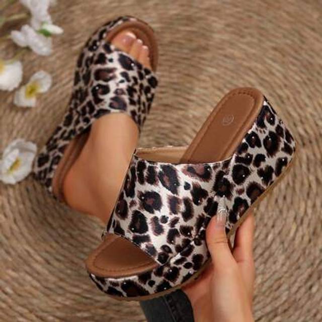 SHEIN 2025 Popular Women&#39;s Sandals, Sexy Charm Leopard Print Bowknot Thick Platform Wedge Heels Fashion Sandals, Women&#39;s Round Toe Slip-On Elevated Comforta