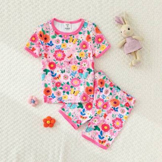 SHEIN 2pcs Floral & Butterfly Print Short Sleeve Top And Shorts Snug Fit Comfy Loungewear Set, Girls Blush Pink Fathers Day Gifts Puppy Summer Beach Summer