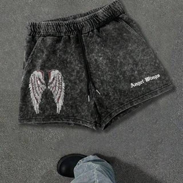 SHEIN Cotton &#34;Wing Letter&#34; Pattern Summer Women&#39;s Fun Shorts Printed Regular Loose Fashion Snowflake Washed Outdated Shorts Women&#39;s Front Strap Pocket Simpl